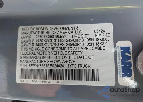 2024 Honda Ridgeline Rtl from USA, damaged, VIN 5FPYK3F51RB024024